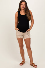 Beige Distressed Fringe Hem Maternity Jean Shorts
