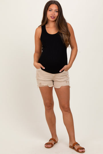 Beige Distressed Fringe Hem Maternity Jean Shorts