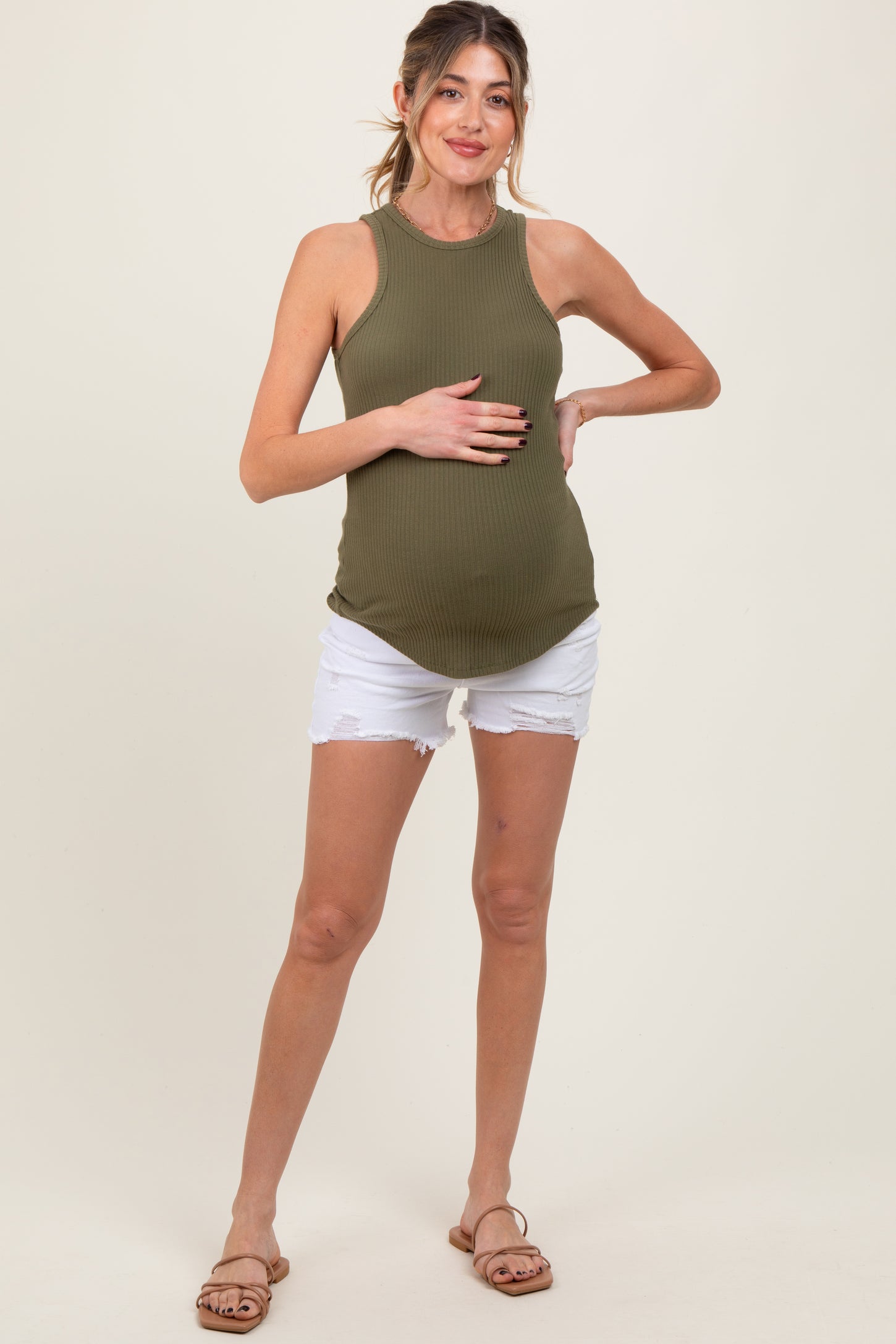 White Distressed Fringe Hem Maternity Jean Shorts