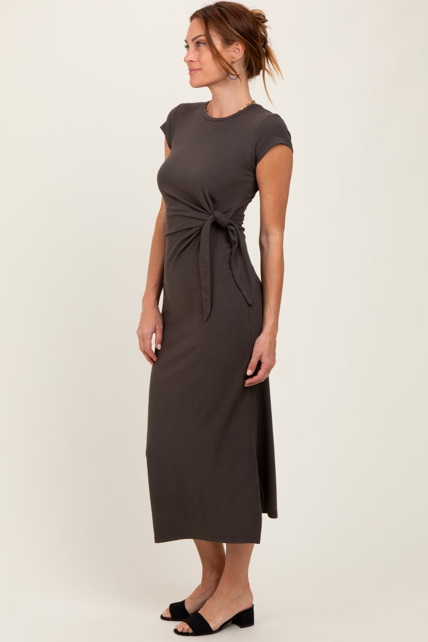 Brown Side Knot Tie Short Sleeve Midi Dress