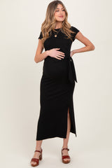 Black Side Knot Tie Short Sleeve Maternity Midi Dress
