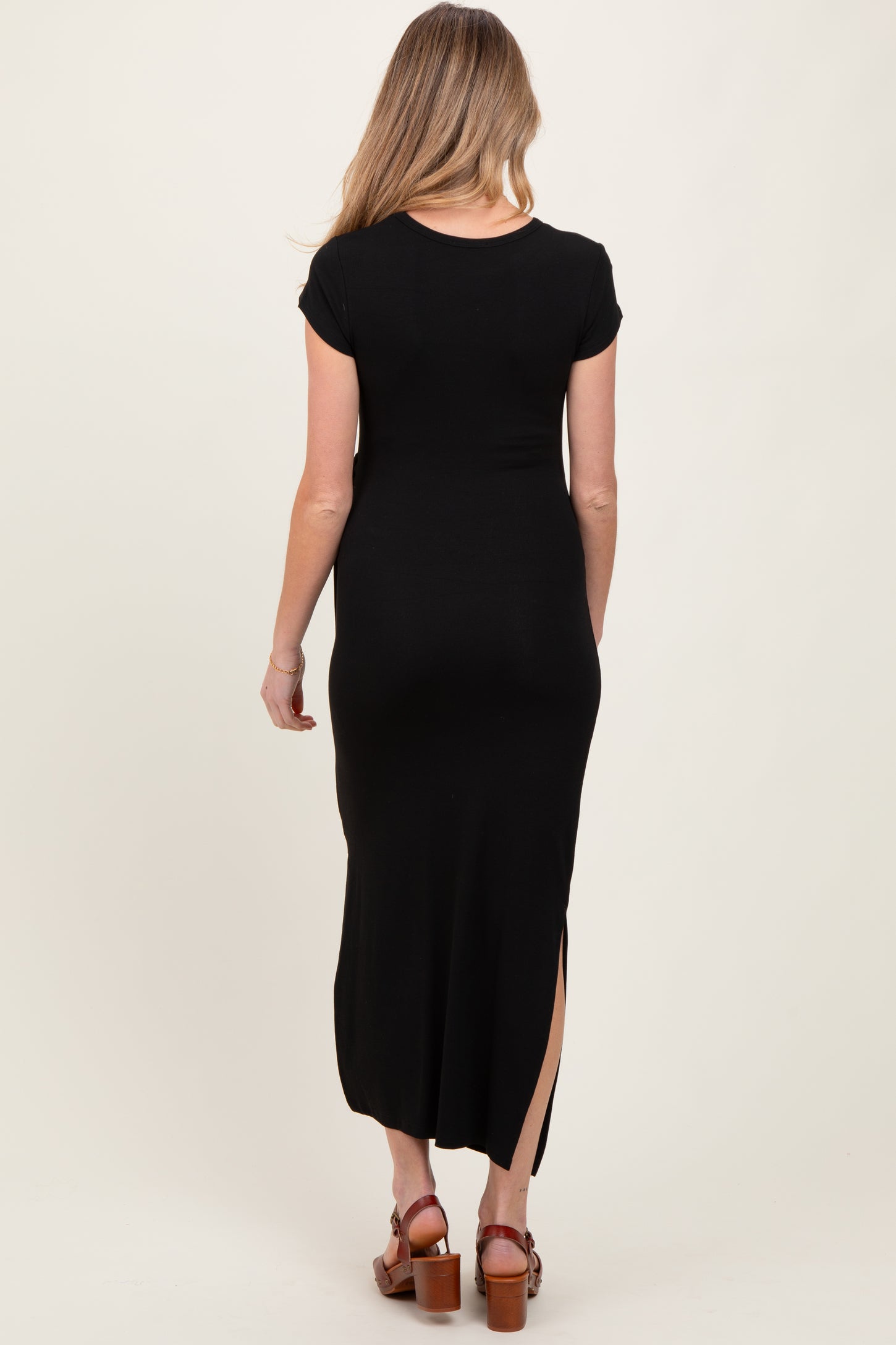 Black Side Knot Tie Short Sleeve Maternity Midi Dress