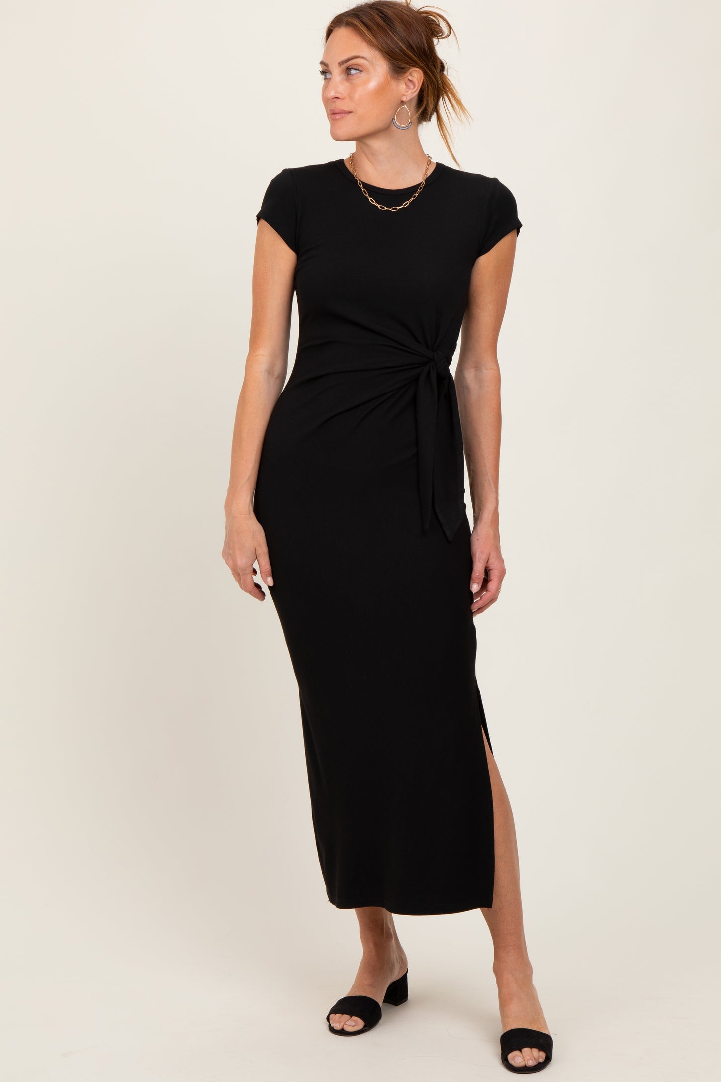 knee length dresses for ladies Black Side Knot Tie Short Sleeve Maternity Midi Dress