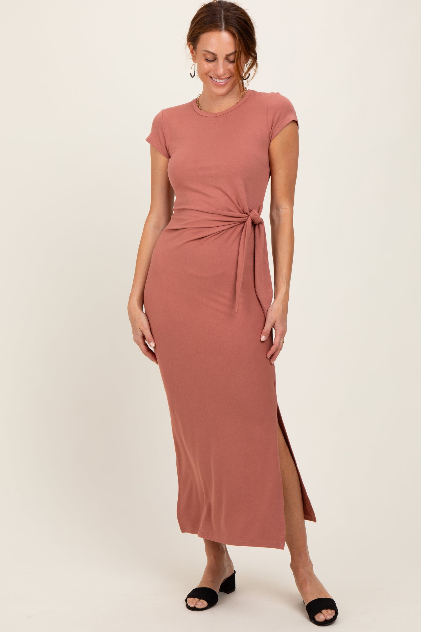 Mauve Side Knot Tie Short Sleeve Midi Dress