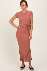 Mauve Side Knot Tie Short Sleeve Midi Dress
