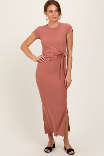 Mauve Side Knot Tie Short Sleeve Midi Dress