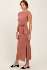 Mauve Side Knot Tie Short Sleeve Midi Dress