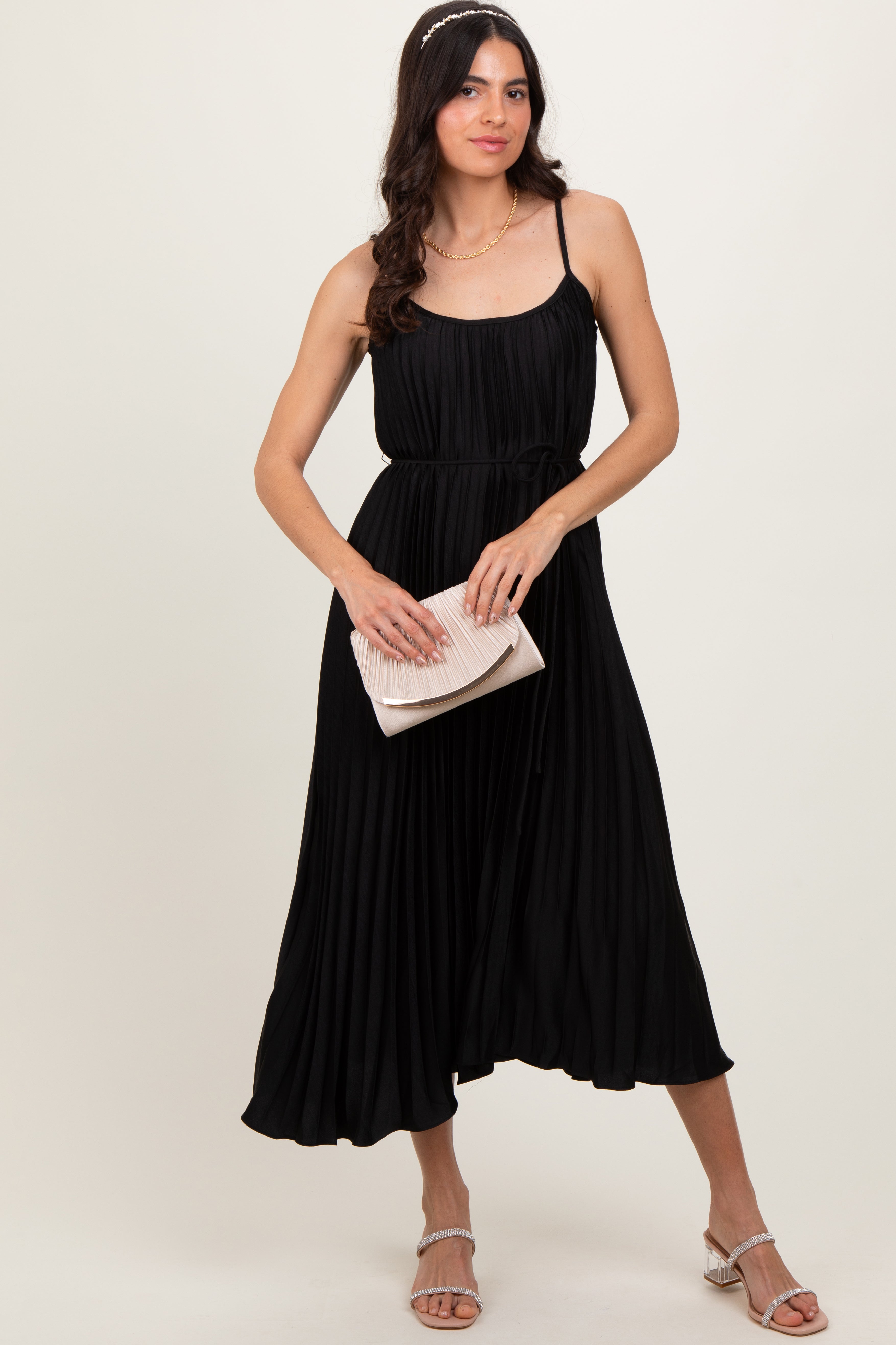 black midi pleated dress Sash Tie Summer Handicap COLOR:Black Calf 100% cotton Un Dressed 110g