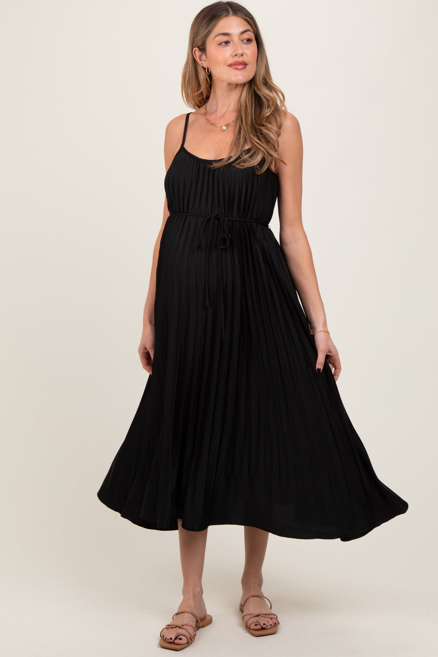 black tie pregnancy dress Black Pleated Sash Tie Maternity Midi Dress