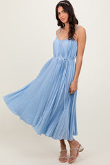 Light Blue Pleated Sash Tie Midi Dress