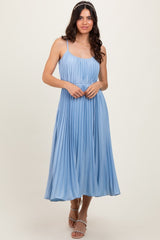 Light Blue Pleated Sash Tie Maternity Midi Dress