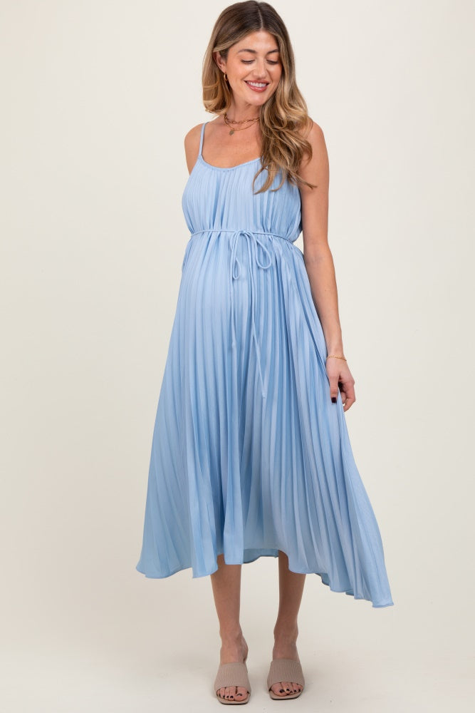 Light Blue Pleated Sash Tie Maternity Midi Dress Light Blue Pleated Sash Tie Maternity Midi Dress