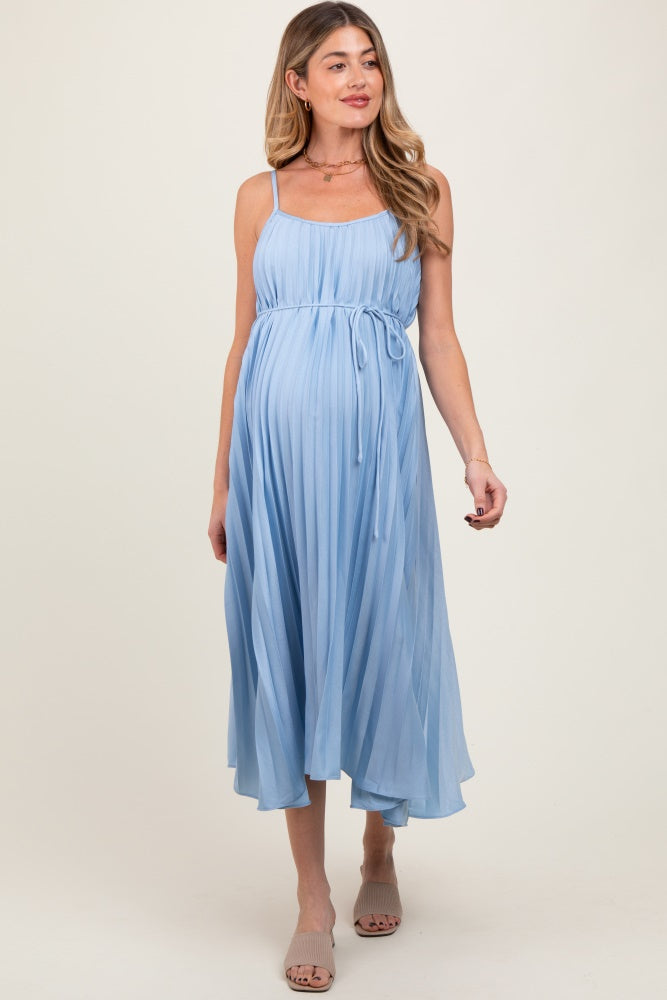 black jacquard bridesmaid dress Light Blue Pleated Sash Tie Maternity Midi Dress – PinkBlush