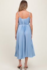 Light Blue Pleated Sash Tie Maternity Midi Dress