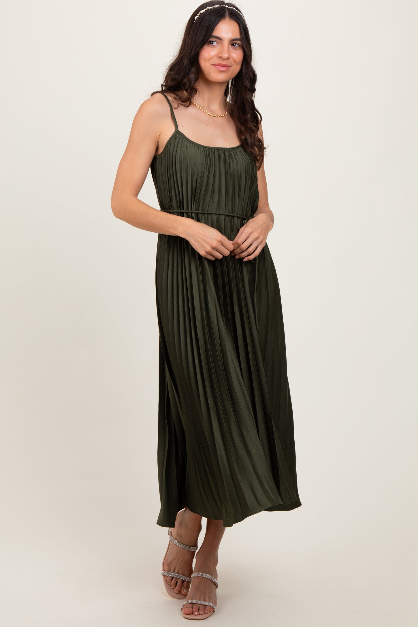 Olive Pleated Sash Tie Midi Dress