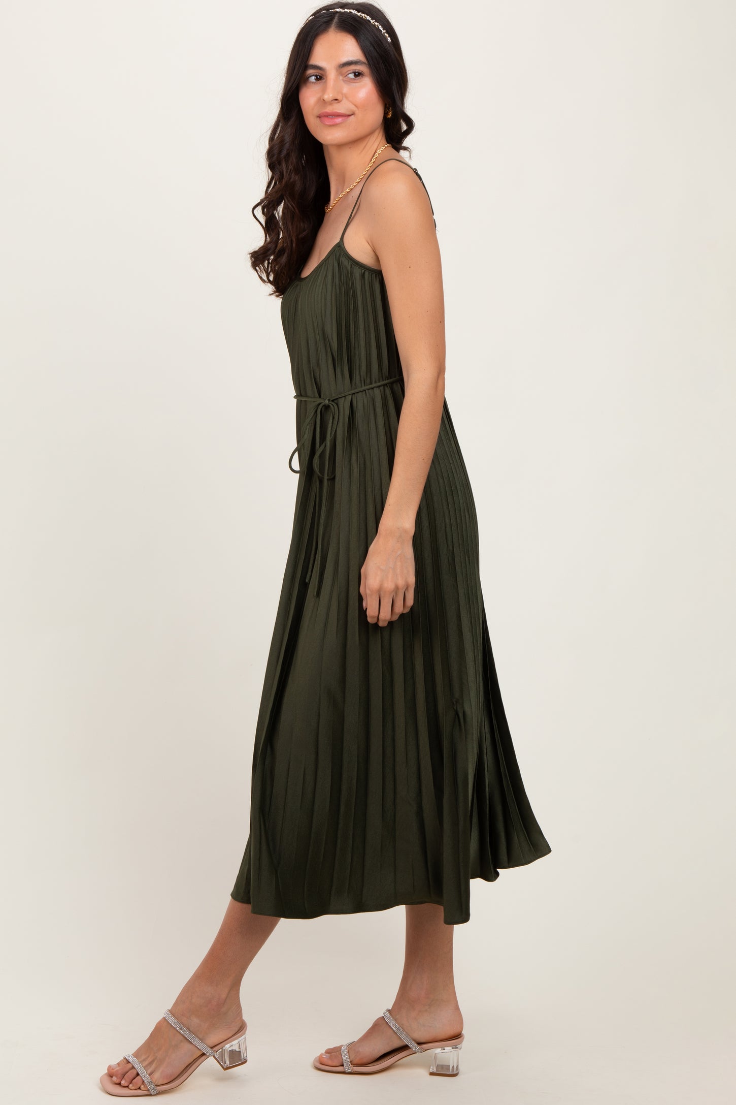 Olive Pleated Sash Tie Midi Dress