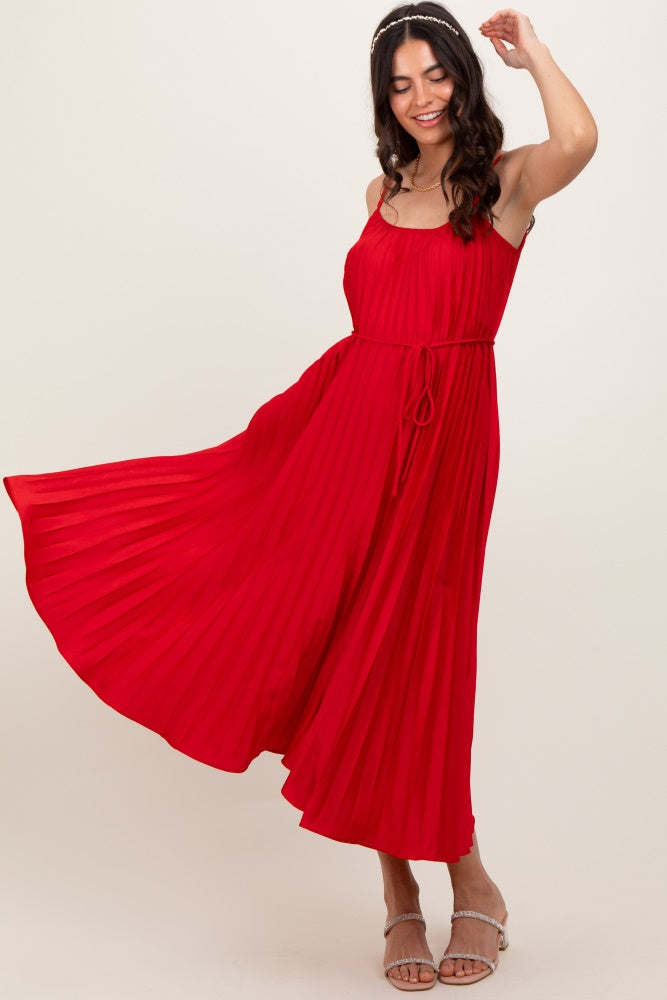 Red Pleated Sash Tie Midi Dress