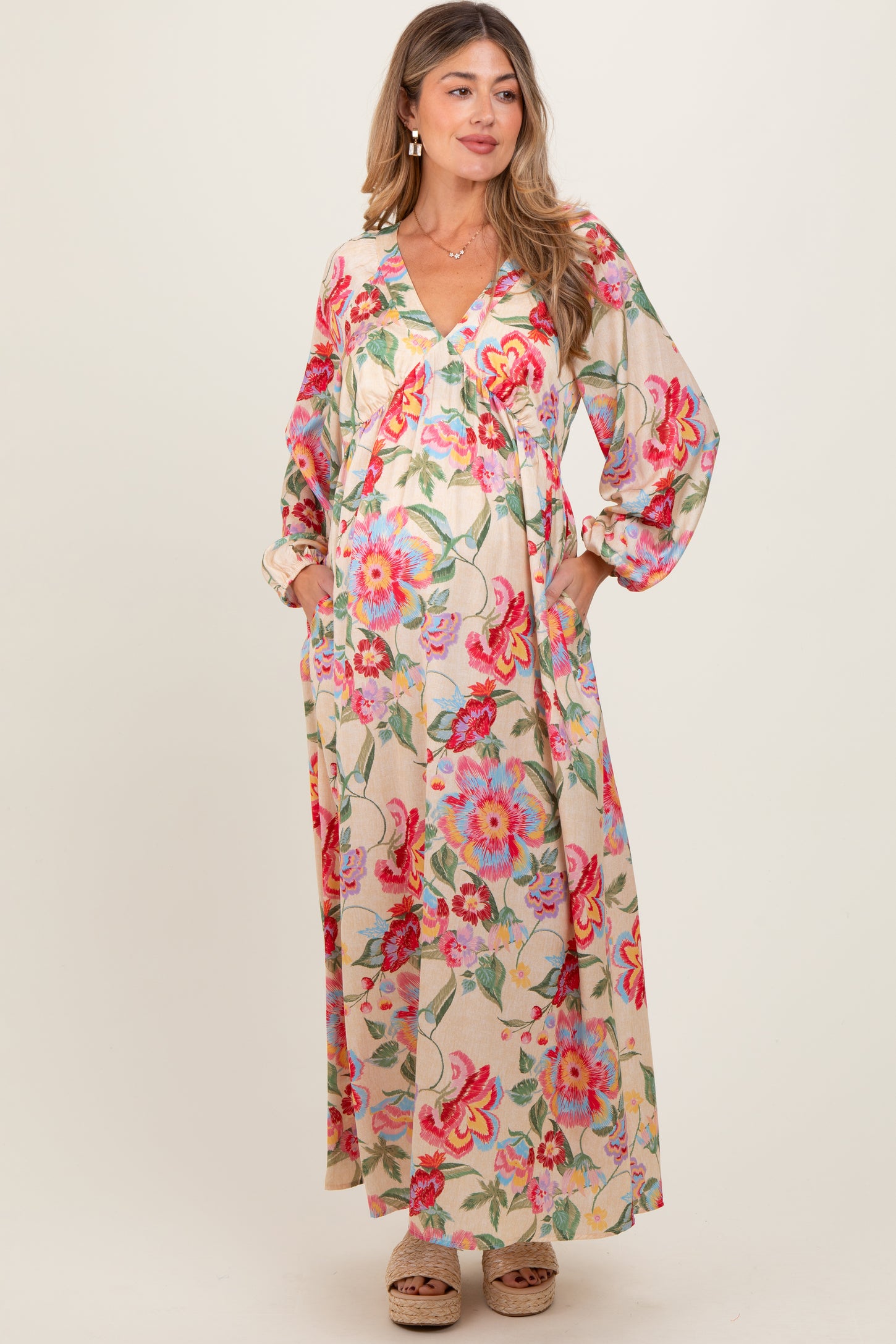 Beige Floral V-Neck Long Sleeve Maternity Maxi Dress PinkBlush Beige Floral V-Neck Long Sleeve Maternity Maxi Dress PinkBlush