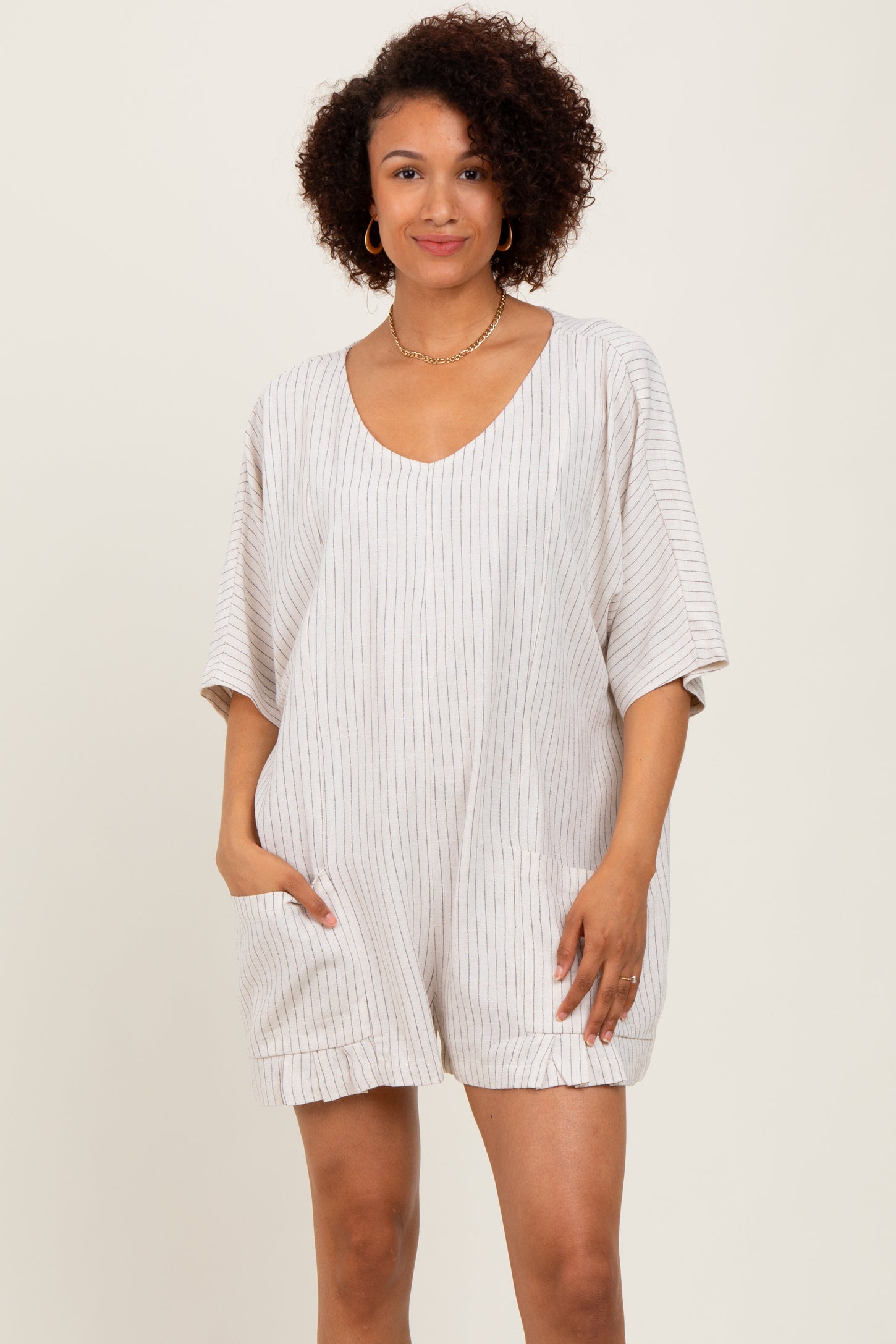 Beige Stripe Dolman Sleeve Linen Blend Maternity Romper