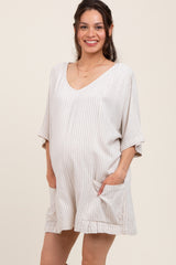 Beige Stripe Dolman Sleeve Linen Blend Maternity Romper