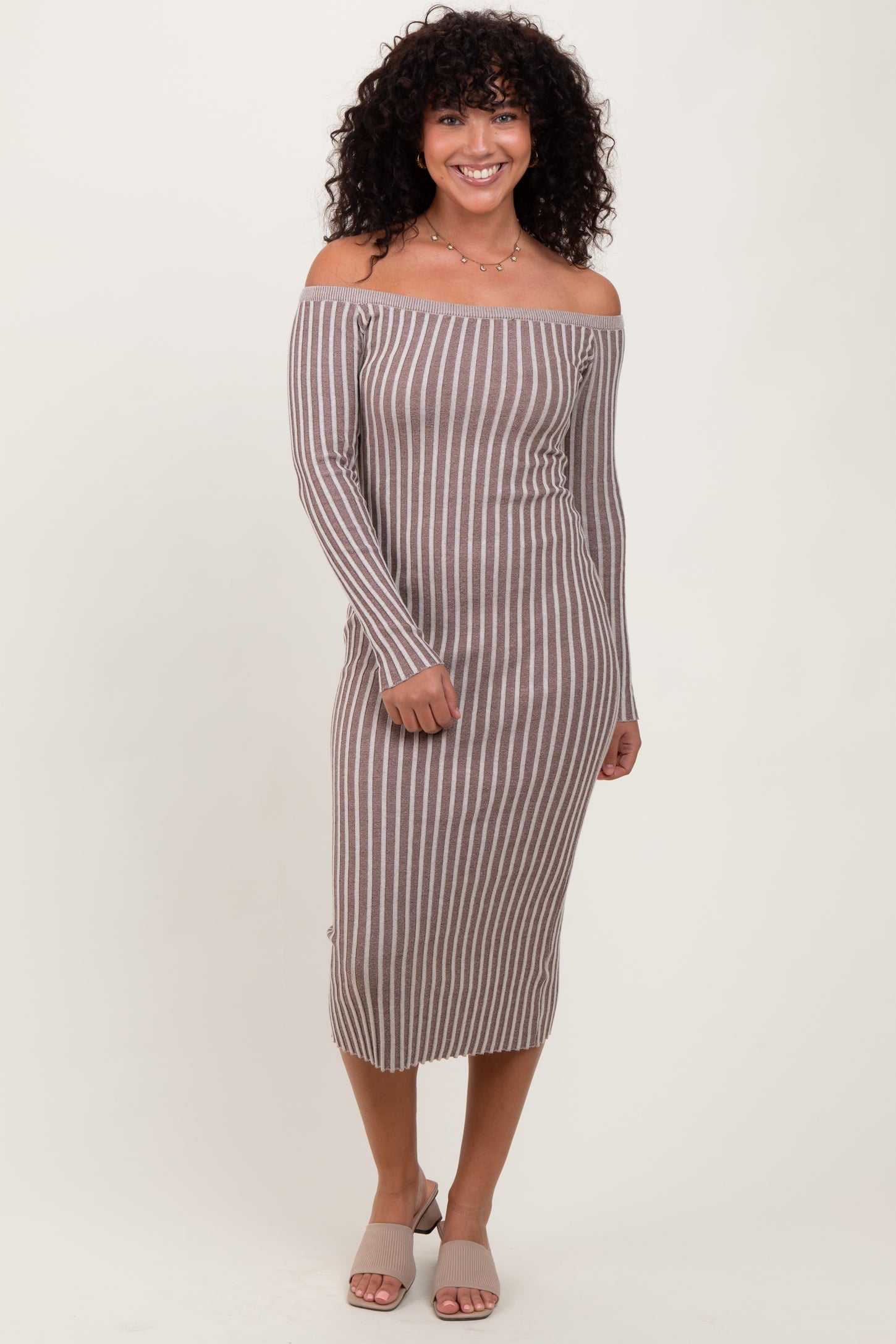 Taupe Striped Off Shoulder Midi Sweater Dress – PinkBlush Taupe Striped Off Shoulder Midi Sweater Dress – PinkBlush