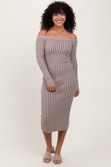 Taupe Striped Off Shoulder Midi Sweater Dress