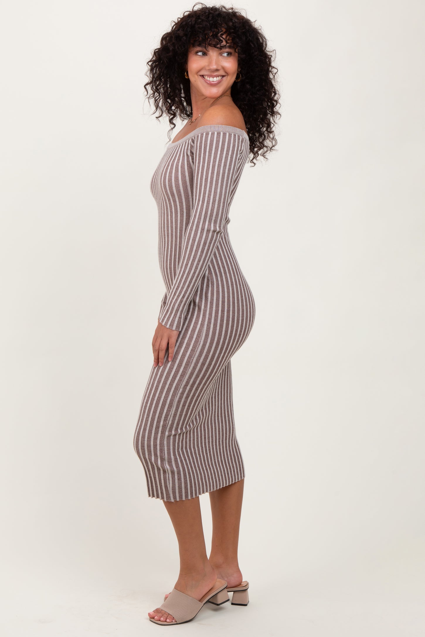 Taupe Striped Off Shoulder Midi Sweater Dress Taupe Striped Off Shoulder Midi Sweater Dress