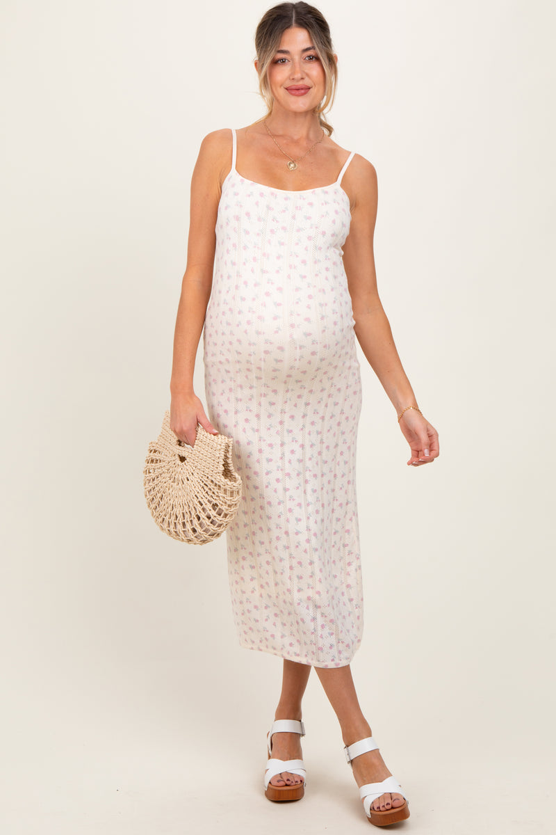 ivory floral embroidered maternity midi dress Ivory Floral Pointelle Knit Maternity Midi Dress