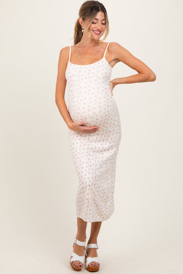 Ivory Floral Pointelle Knit Maternity Midi Dress