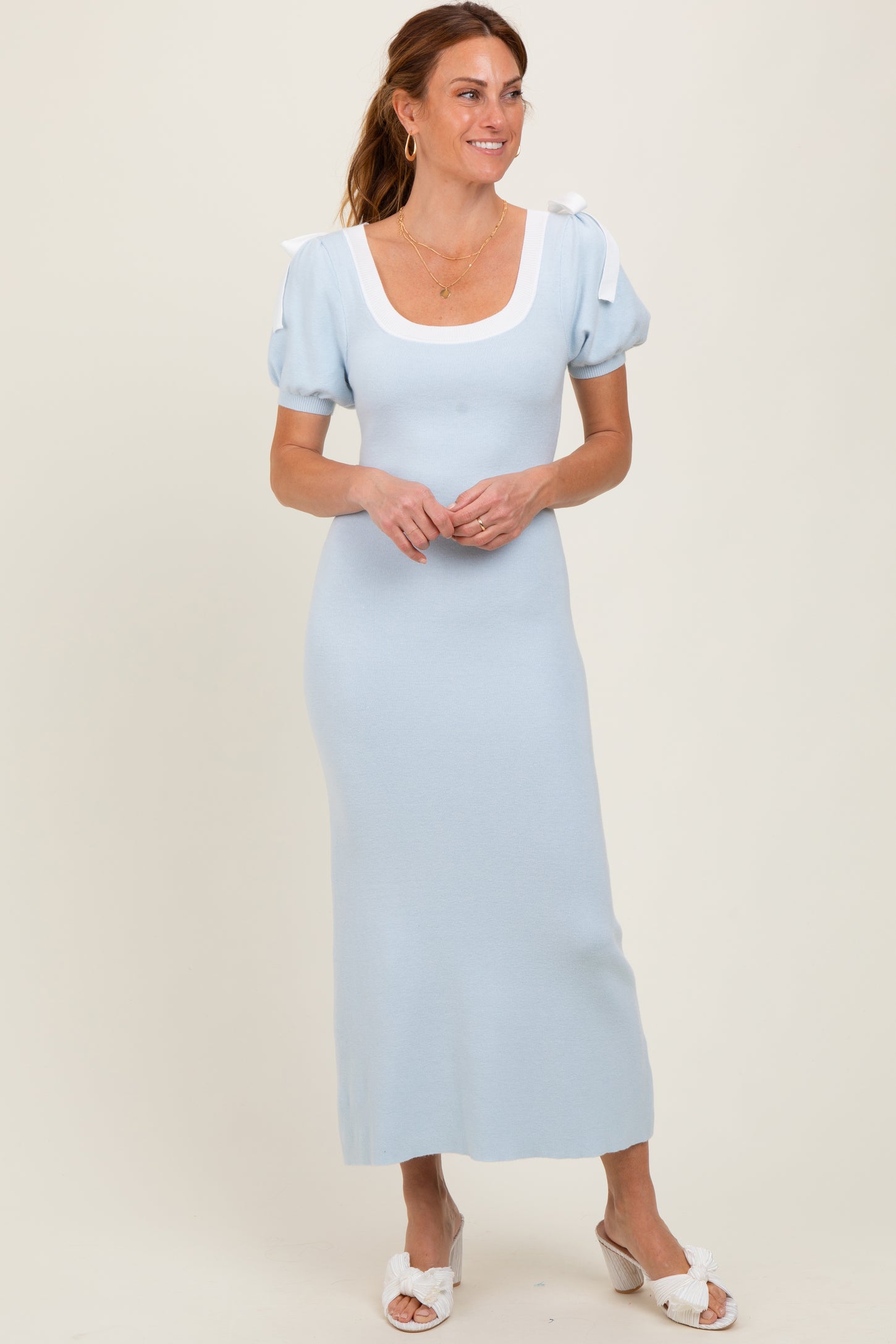 light blue dress with puffy sleeves Light Blue Shoulder Bow Puff Sleeve Maternity Sweater Dress