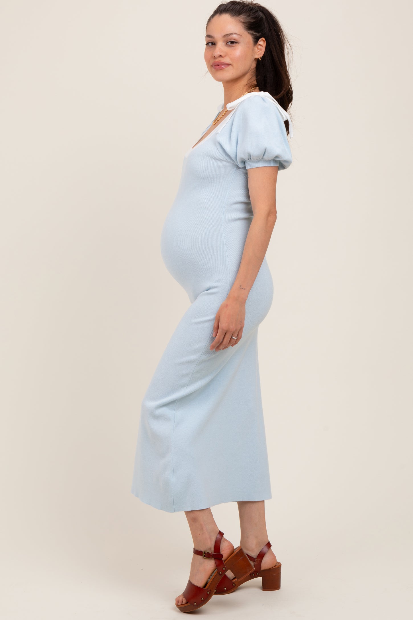 Light Blue Shoulder Bow Puff Sleeve Maternity Sweater Dress