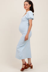 Light Blue Shoulder Bow Puff Sleeve Maternity Sweater Dress