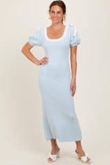 Light Blue Shoulder Bow Puff Sleeve Sweater Dress