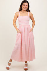 Light Pink Smocked Embroidered Bust Textured Midi Dress