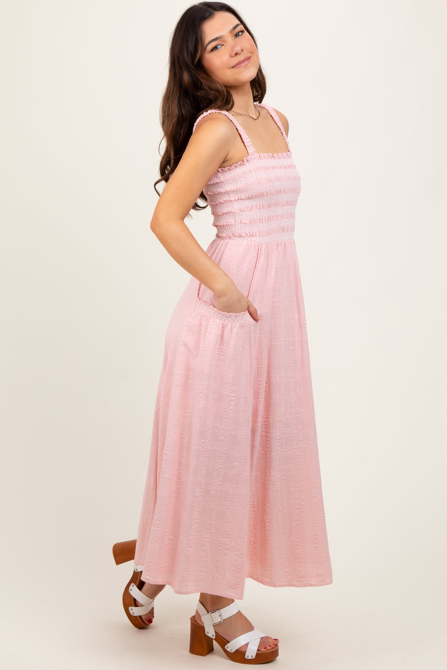 Light Pink Smocked Embroidered Bust Textured Midi Dress