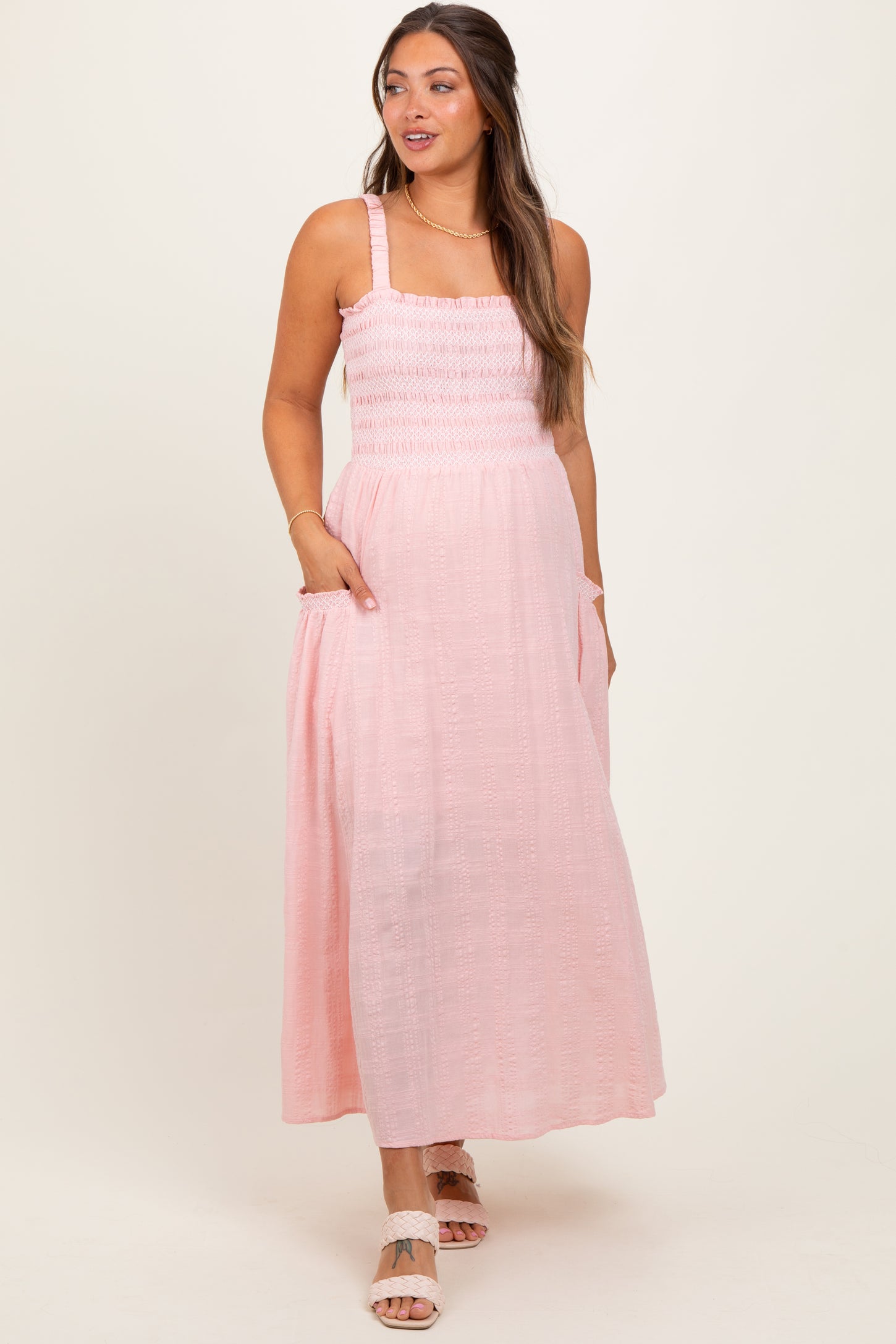 Light Pink Smocked Embroidered Bust Textured Maternity Midi Dress