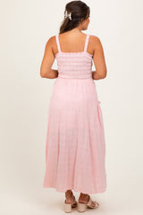 Light Pink Smocked Embroidered Bust Textured Maternity Midi Dress
