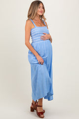 Blue Smocked Embroidered Bust Textured Maternity Midi Dress