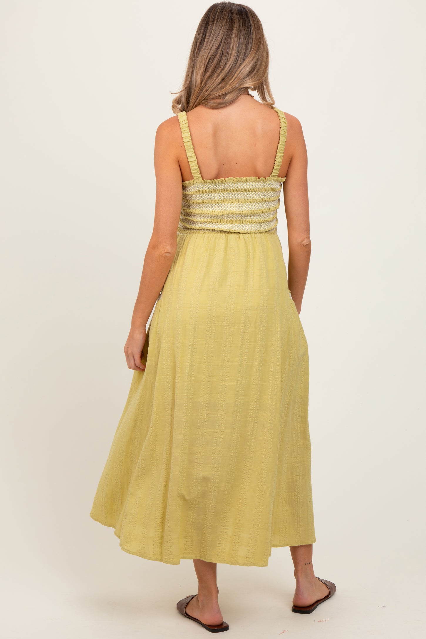 Lime Smocked Embroidered Bust Textured Maternity Midi Dress