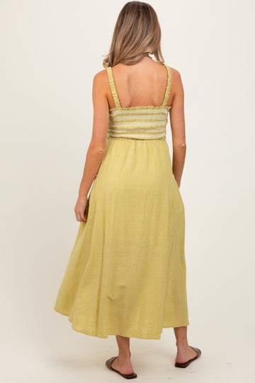 Lime Smocked Embroidered Bust Textured Maternity Midi Dress