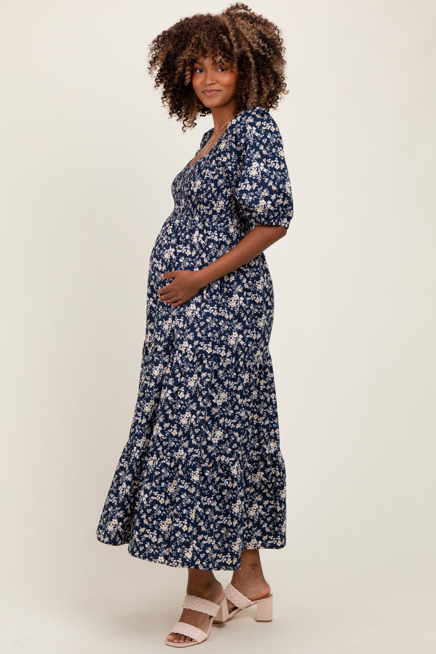 Blue Floral Smocked Puff Sleeve Maternity Maxi Dress