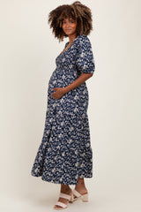 Blue Floral Smocked Puff Sleeve Maternity Maxi Dress