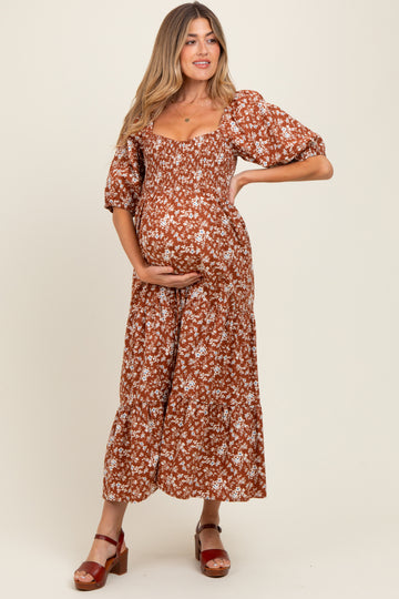 Rust Floral Smocked Puff Sleeve Maternity Maxi Dress