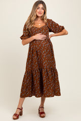 Mocha Floral Sweetheart Puff Sleeve Maternity Midi Dress
