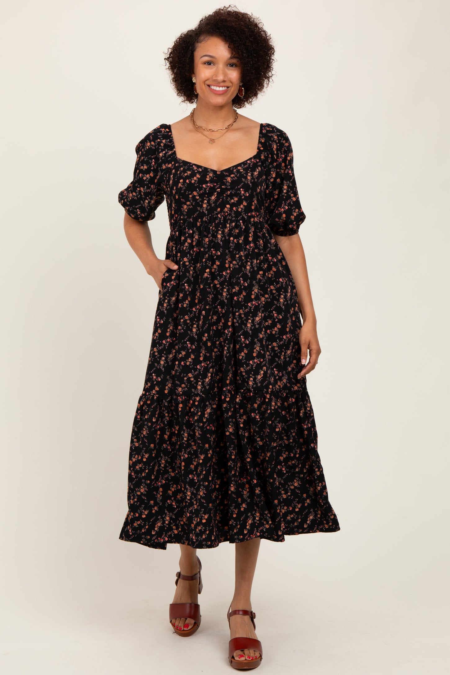 Black Floral Sweetheart Puff Sleeve Midi Dress