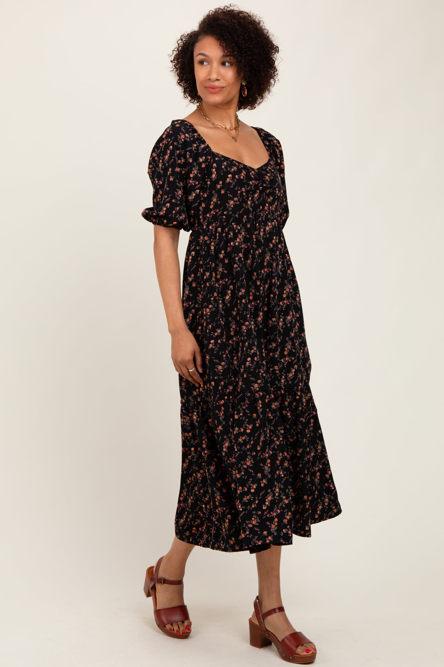 Black Floral Sweetheart Puff Sleeve Midi Dress
