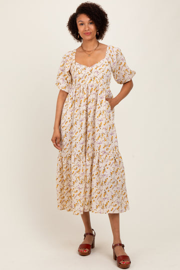 Cream Floral Sweetheart Puff Sleeve Midi Dress