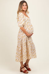 Cream Floral Sweetheart Puff Sleeve Maternity Midi Dress