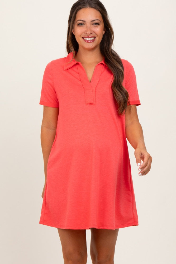 Coral Basic Polo Maternity Dress