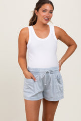 Light Blue Chambray Drawstring Front Pocket Maternity Shorts